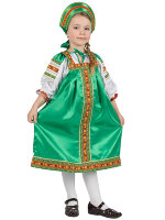 Русский народный костюм "Василиса" детский зеленый атласный сарафан и блузка 7-12 лет