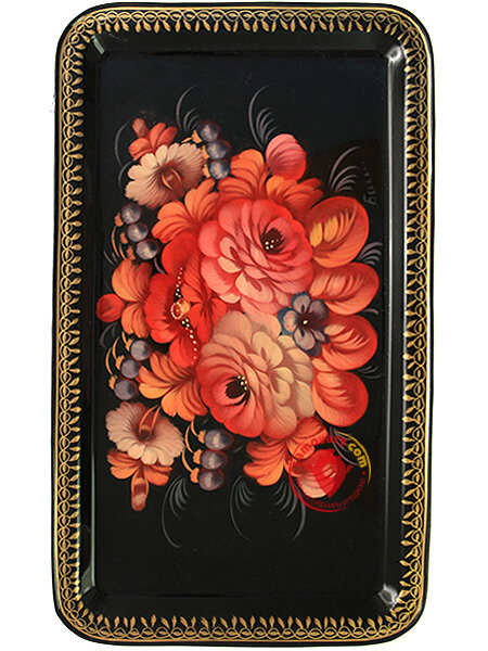 Поднос прямоугольный "Осенние цветы на черном фоне" малый, арт. 8169
