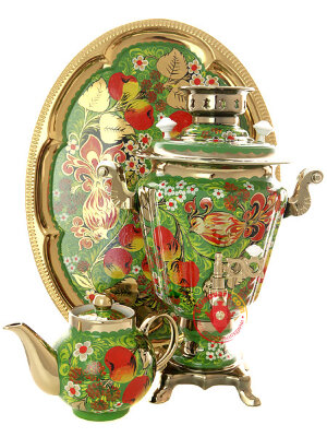 Набор самовар электрический 3 литра с художественной росписью "Яблоки на зеленом фоне", арт. 130466