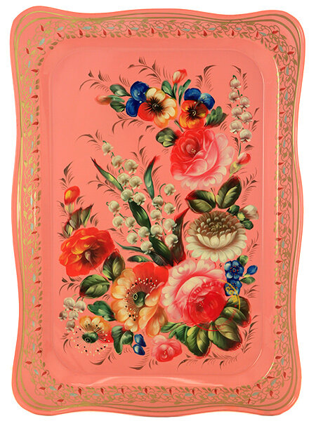 Поднос с росписью "Цветы на розовом" 38*28 см, арт. А-7.88